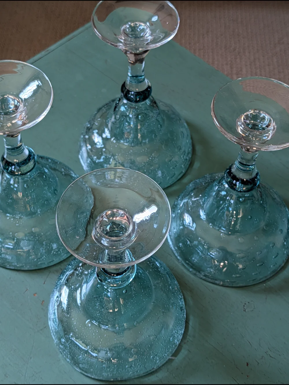 Handblown Teal Bubble Glass Coupe Margarita Elegant Home Dining Glassware Set 4